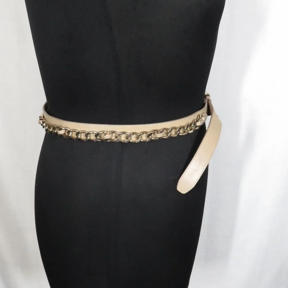 Women's Tan Faux Leather Gold Chain Detail Belt 34-38 Inch Waist Size XL